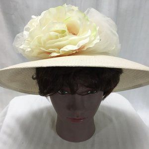 Ivory Cappelli Straw Sun Hat with White Lace, Yellow Flower & Pearls